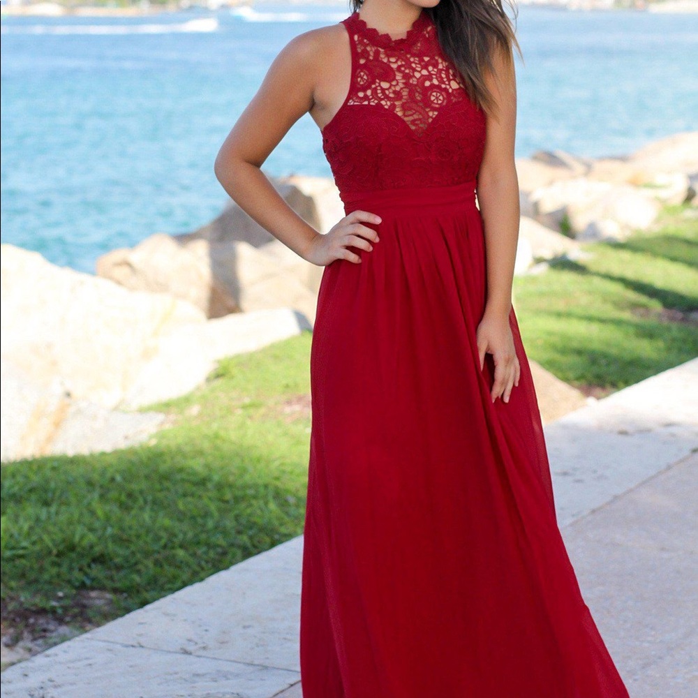 Maniju red maxi dress with crochet detail